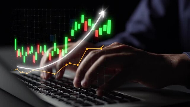 A close-up image of hands typing on a laptop with vibrant stock charts and data visualizations in the background, symbolizing financial analysis and market growth. Copula