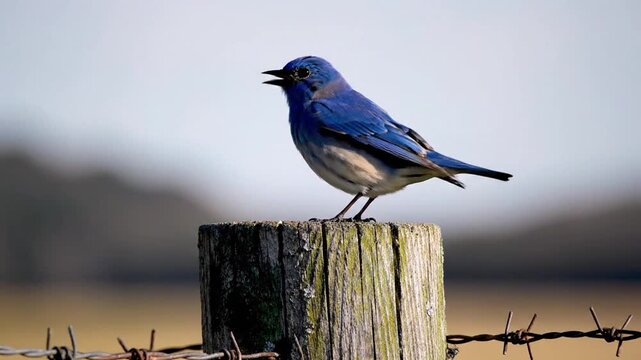 Mountain bluebird on weathered fence post calling out close up nature wildlife birdwatching footage