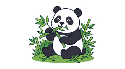 Cute panda sitting and eating green bamboo stalks. © Dias