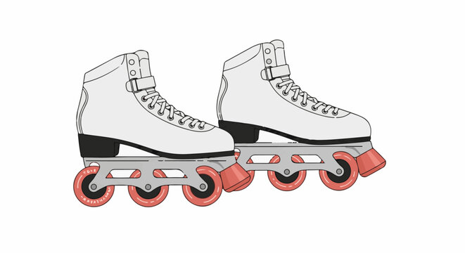 A pair of white rollerblades with red wheels
