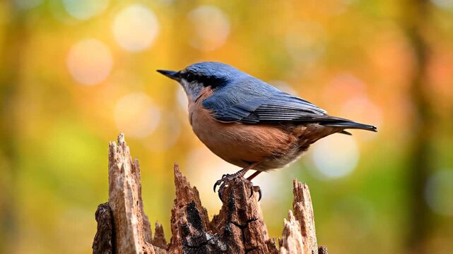 Nuthatch perched on weathered stump in colorful autumn forest background foraging for food