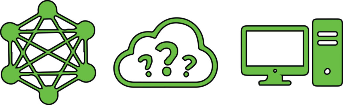 Cloud computing, network connection and desktop computer technology icons, vibrant green vector illustration set