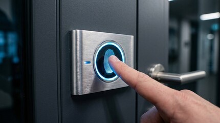 Naklejka premium Person using a biometric fingerprint scanner.