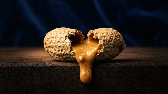 Peanut butter flowing from cracked peanut.