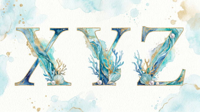 Watercolor nautical alphabet with ocean-inspired decorative elements. Part of a coordinated marine collection suitable for educational resources, children's projects, presentations and creative brandi