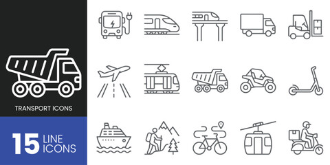 Set of 15 transport line icons, including electric bus, train, truck, forklift, airplane, tram, dump truck, atv, scooter, ship, hiking, bicycle, cable car, and delivery scooter © Fast Art