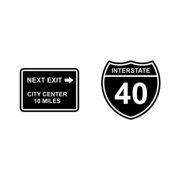Directional traffic exit sign and interstate shield icon with interstate
