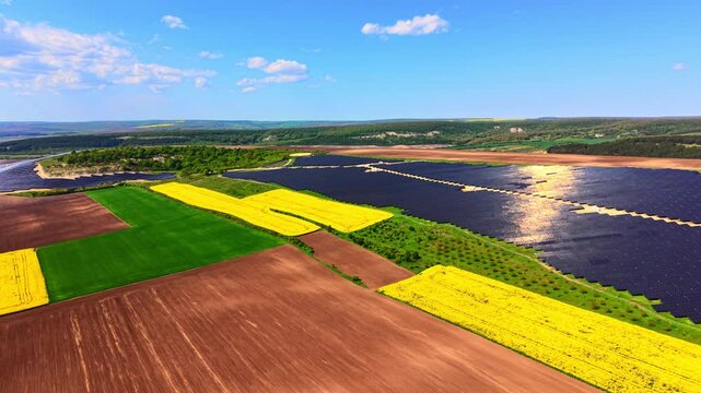Solar panel farm near fields. Elevated shot of dark energy collectors adjacent to vibrant yellow and green agricultural land.