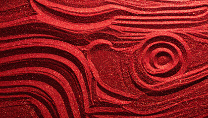Obraz premium Stunning abstract background featuring textured red glitter sculpted into zen garden waves and a circular spiral, ideal for luxury holiday designs, love themes, and festive backdrops.