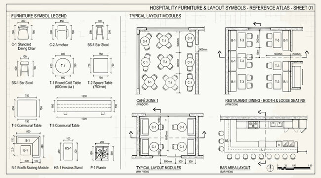 Hospitality furniture and layout symbols reference atlas sheet for restaurant and cafe interior design planning