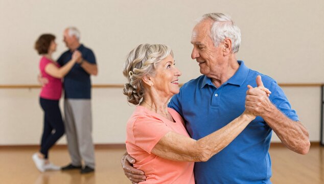 Senior couple is dancing together closely in dance class with smiles on their faces