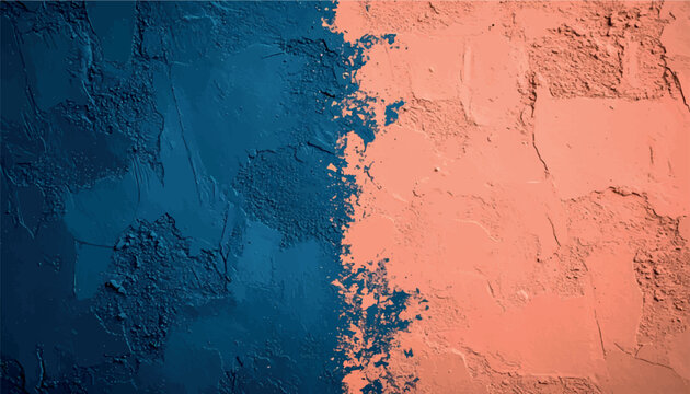 Abstract background featuring a split textured wall surface painted with deep blue and soft peach colors, showcasing a rugged plaster effect and a sharp contrast between the two vibrant shades.