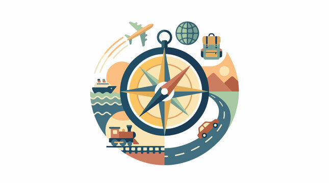 A stylized illustration of a compass surrounded by travel icons