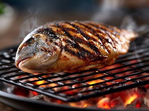 Whole gilthead seabream fish grilling on barbecue mesh over hot glowing coals with smoke.