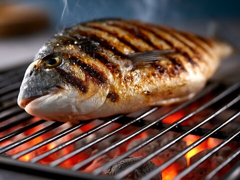Whole gilthead seabream fish grilling on barbecue mesh over hot glowing coals with smoke.