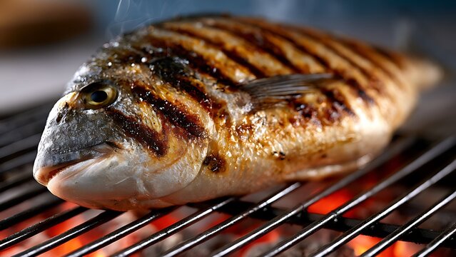 Whole gilthead seabream fish grilling on barbecue mesh over hot glowing coals with smoke.