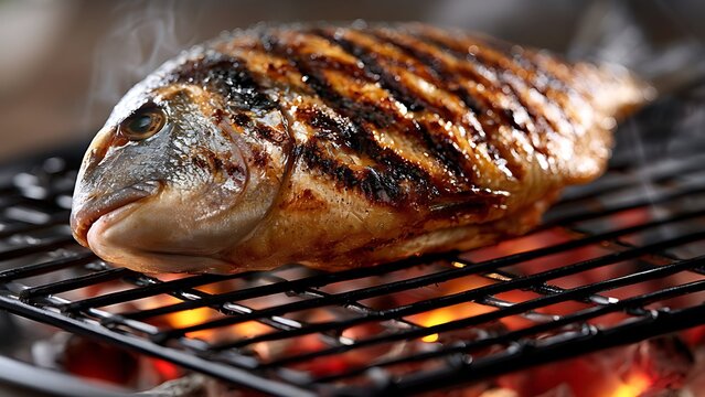 Whole gilthead seabream fish grilling on barbecue mesh over hot glowing coals with smoke.