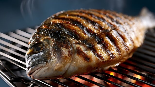 Whole gilthead seabream fish grilling on barbecue mesh over hot glowing coals with smoke.