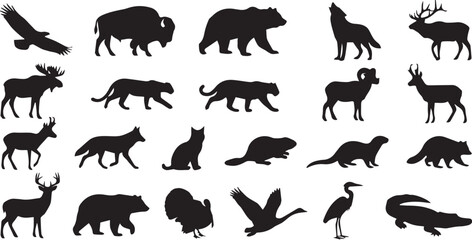 Collection of various wild animal silhouettes including bears, wolves, deer, birds, and reptiles isolated on a white background, for nature and, wildlife projects © Vector Vault