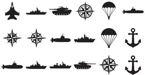 Military and nautical set featuring black silhouettes of fighter jets, warships, tanks, compass roses, parachutes, submarines, and anchors on a white background © Vector Vault