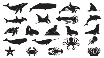 Collection of black silhouettes of marine life including whales, sharks, dolphins, seals, turtles, octopuses, crabs, lobsters, and jellyfish on a white background © Vector Vault