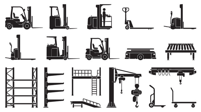 Assorted warehouse and industrial equipment silhouettes including forklifts, cranes, shelving units, and pallet jacks isolated on a white background, for logistics