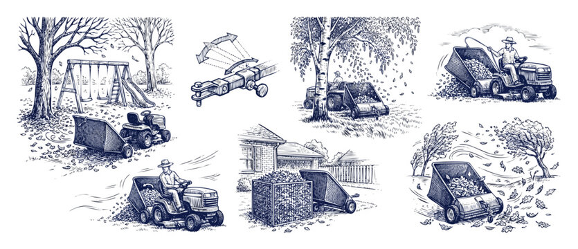Lawn sweeper leaf collector mower attachment illustrations set. Yard work and autumn garden cleaning, backyard leaf removal drawing, vintage engraving style vector collection of tractor towing carts.