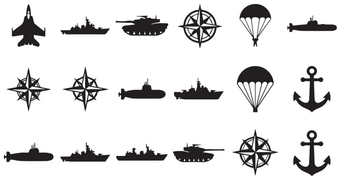 Military and nautical set featuring black silhouettes of fighter jets, warships, tanks, compass roses, parachutes, submarines, and anchors on a white background