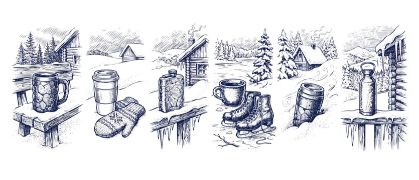 Winter cabin sketch insulated flask and cozy warm mugs with mittens in snow illustration set, hand drawn woodcut engraving style for alpine holiday greeting cards and seasonal decorative poster art.