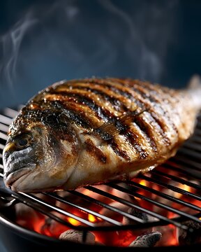 Whole gilthead seabream fish grilling on barbecue mesh over hot glowing coals with smoke.