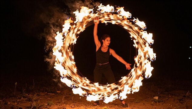 Woman skillfully manipulates a ring of fire in a captivating performance at night