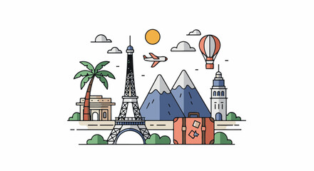 Fototapeta premium A colorful cartoon illustration of iconic landmarks and travel symbols