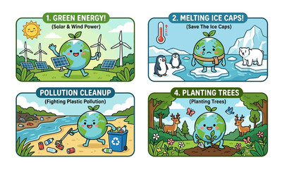 Naklejka premium An illustration depicting four ways to protect the Earth: green energy, saving ice caps, pollution cleanup, and planting trees, featuring a cute Earth character.