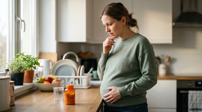 Concerned pregnant woman in a green sweater standing in a bright modern kitchen, looking hesitantly at a medicine bottle on the wooden counter under soft, natural morning light.