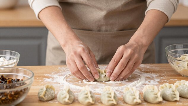 Person in apron is folding chinese dumplings on a wooden board with flour