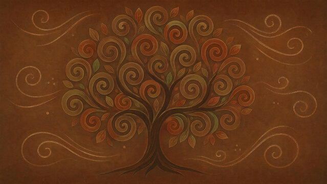 Whimsical stylized tree with swirling branches and autumn leaves