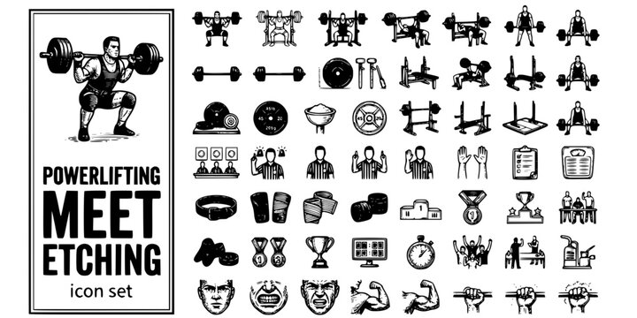 Powerlifting Meet Etching Black White-Platform Judge Panel Max Lift-Competition Vector-Power Icon Etching-Gym Fitness Design Set