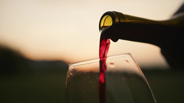 As the sun dips behind the hills, a hand elegantly pours rich red wine into a glass, capturing the essence of an unforgettable evening at the winery.