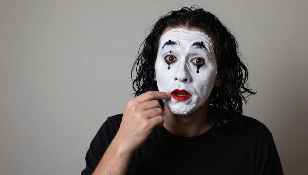 Person with white mime makeup and red lips touches their lips with their finger