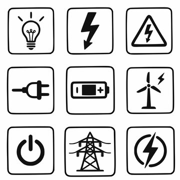 Black and white energy symbols icons lightning bolt, battery, wind turbine, green power, light bub