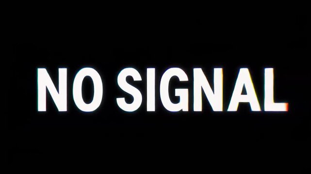 No signal text glitch effect with chromatic aberration and static overlay on black background video