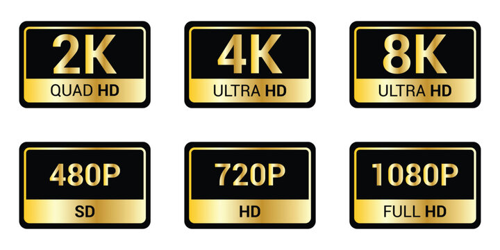 Set of Video Resolution Labels screen resolution Icon set.480 SD, 720 HD, 1080 FULL HD, 2K, 4k, 8k ULTRA HD, vector illustration.