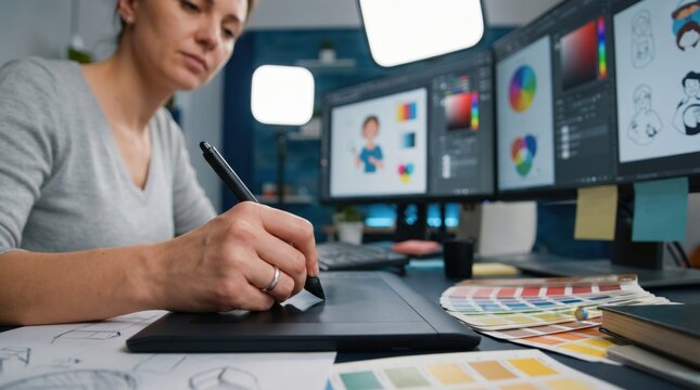 Focused female graphic designer using stylus pen and digital tablet at dual-monitor workstation with color guides and softbox lighting, perfect for creative industry concepts.