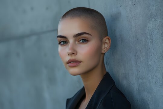 Portrait of a beautiful young woman with a shaved head standing against a concrete wall