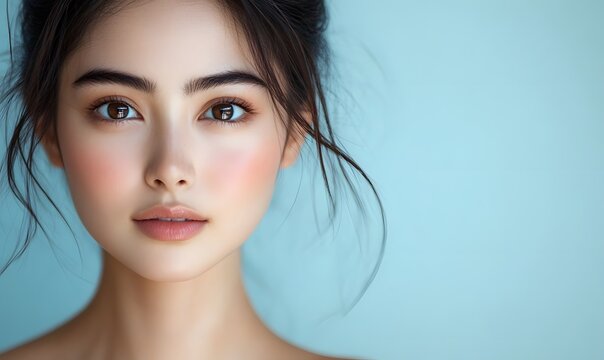 Portrait of a beautiful young woman with natural makeup and glowing skin on blue background