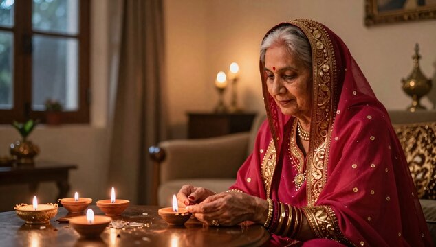 Senior indian woman prepares diyas for diwali celebration at home