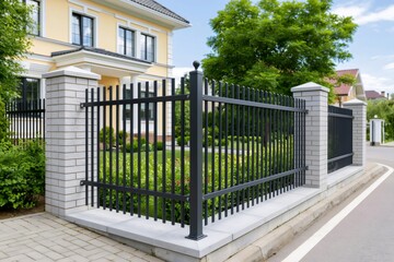 Fototapeta premium Metal fence and brick pillars protecting house