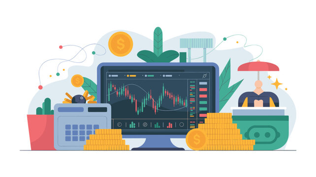 Stock Market Trading Chart and Financial Icons Vector Illustration