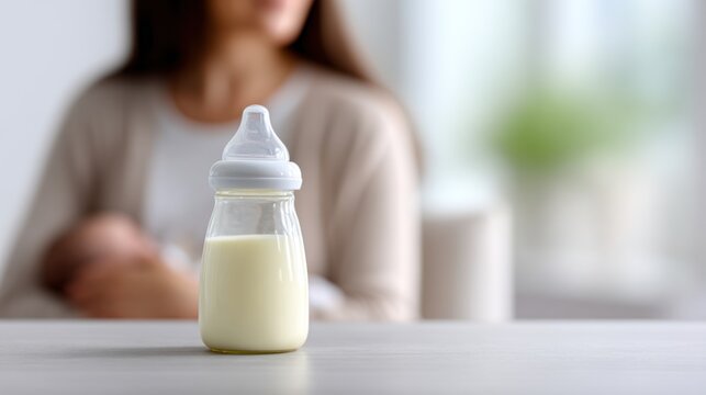 Close up of a baby bottle filled with pale yellow milk on a gray table indoors