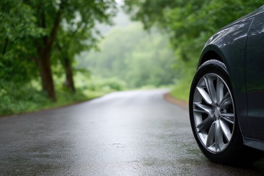 Dark car wheel and tire on a wet asphalt road, reflecting blurred green trees and lush vegetation
